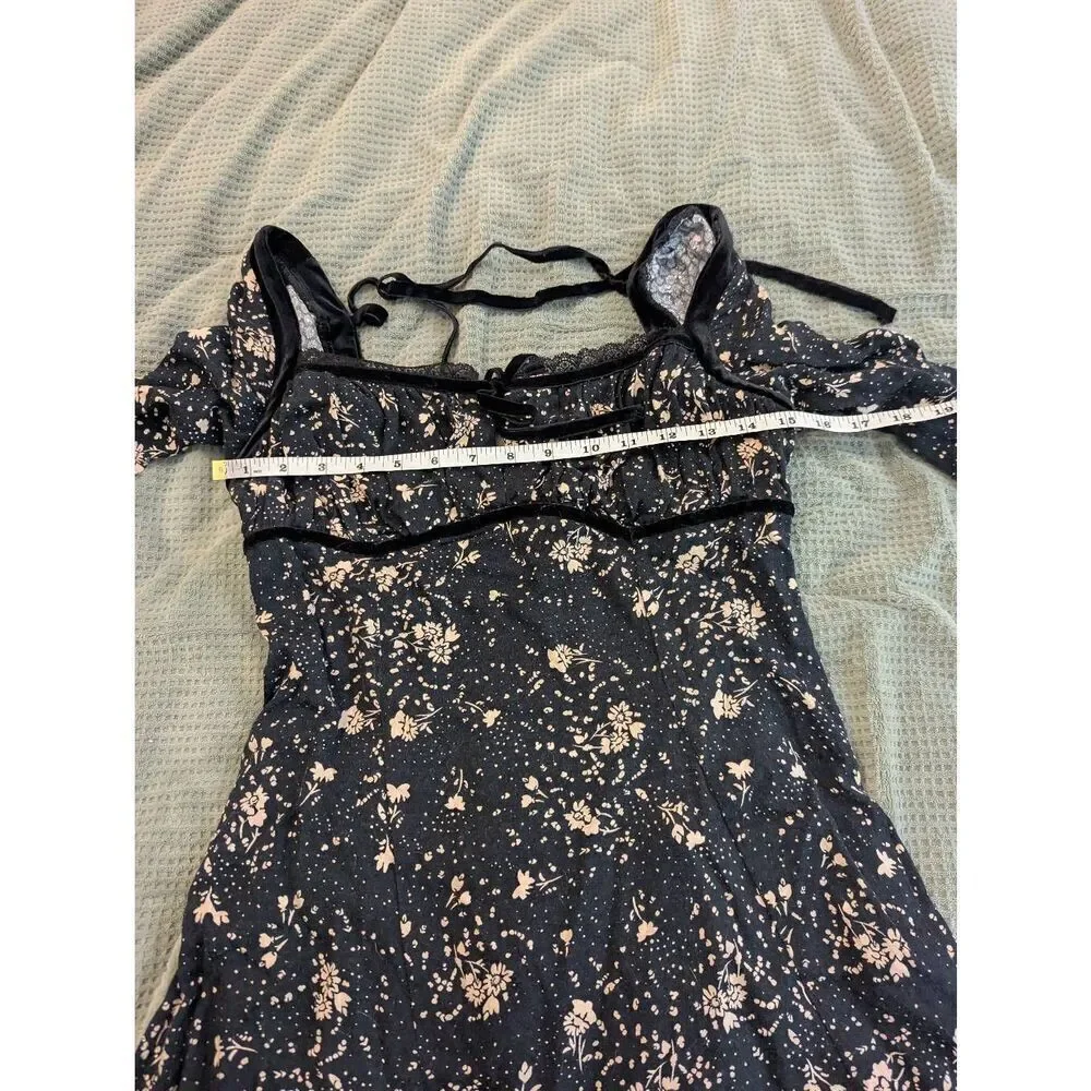 Free People Women's Size Small Black Floral Tess Square Neck Mini Dress - Picture 6 of 8